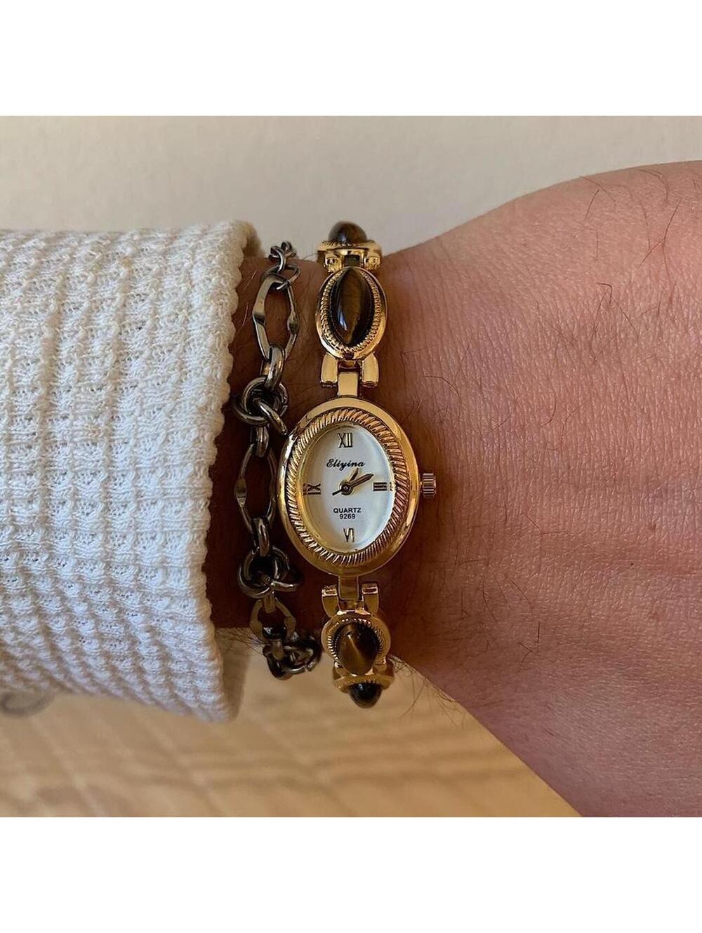 Y2k style Dainty cute Gold style tone quartz watch with brown jade stone opal ac - Picture 6 of 8